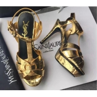 Best Grade Saint Laurent Tribute Platform Sandals in Stone Pattern Leather 82322 Gold