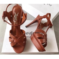 Top Grade Saint Laurent Tribute Platform Sandals in Grainy Calfskin 82321 Brown