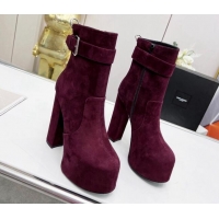 Stylish Saint Laurent Cherry Buckle Platform Booties in Suede Burgundy 0825054