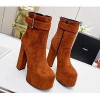 Unique Style Saint Laurent Cherry Buckle Platform Booties in Suede Brown 0825055