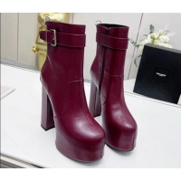 Shop Duplicate Saint Laurent Cherry Buckle Platform Booties in Smooth Calfskin Leather Burgundy 0825057