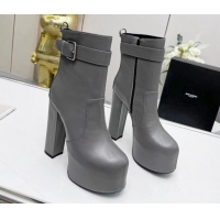 Most Popular Saint Laurent Cherry Buckle Platform Booties in Smooth Calfskin Leather Grey 0825058