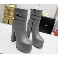 Good Quality Saint Laurent Cherry Straps Buckle Platform Booties in Smooth Calfskin Grey 0825063