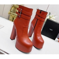 Best Grade Saint Laurent Cherry Straps Buckle Platform Booties in Smooth Calfskin Brown 0825065