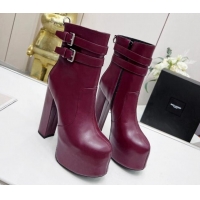 Durable Saint Laurent Cherry Straps Buckle Platform Booties in Smooth Calfskin Burgundy 0825064