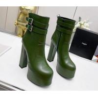 Cheap Price Saint Laurent Cherry Straps Buckle Platform Booties in Smooth Calfskin Green 0825066