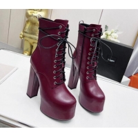 Low Cost Saint Laurent Cherry Lace-up Platform Booties in Smooth Calfskin Burgundy 0825069