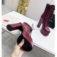 Low Cost Saint Laurent Cherry Lace-up Platform Booties in Smooth Calfskin Burgundy 0825069