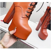 Sumptuous Saint Laurent Cherry Lace-up Platform Booties in Smooth Calfskin Brown 0825070