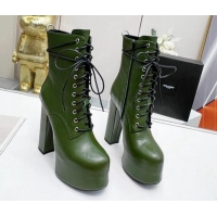 Grade Quality Saint Laurent Cherry Lace-up Platform Booties in Smooth Calfskin Green 0825072