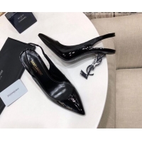 Stylish Saint Laurent Patent Leather Slingback Pumps 11cm All Black 0909134