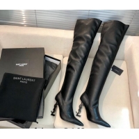 Good Quality Saint Laurent Leather Over-Knee High Boots 10cm Black 909130