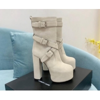 Stylish Saint Laurent Cherry Buckle Suede Platform Boots 14.5cm White 091284