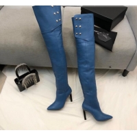 Hot Style Saint Laurent Jane Over-the-knee Boots in Calfskin Leather Blue 926078