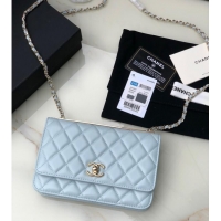 Top Quality CHANEL WALLET ON CHAIN Lambskin & light Gold-Tone Metal 80892 light blue