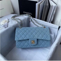 Popular Style CHANEL CLASSIC HANDBAG Printed Denim & Gold-Tone Metal 1112 Light Blue