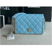 Famous Brand Chanel SMALL Flap Bag Grained Calfskin & Gold-Tone Metal AS3467 light blue