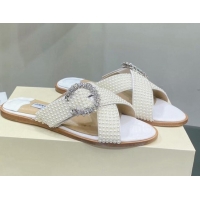 Top Grade Jimmy Choo Pearl Flat Sandals with Crystal Buckle White 2062262