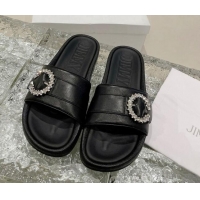 Charming Jimmy Choo Fallow Nappa Leather Flat Slide Sandals with Crystal Buckle Black 2072196