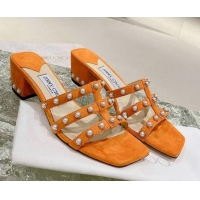 Charming Jimmy Choo Suede Pearls Charm Heel Slide Sandals 4.5cm Orange 082601