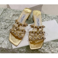 Hot Style Jimmy Choo Leather Pearls Charm Heel Slide Sandals 4.5cm Gold 082603