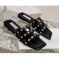 Top Design Jimmy Choo Leather Pearls Charm Flat Slide Sandals Black 082607