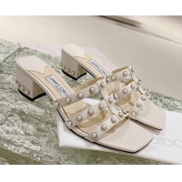 Stylish Jimmy Choo Leather Pearls Charm Heel Slide Sandals 4.5cm White 082608