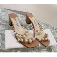 Grade Quality Jimmy Choo Amara Leather and Pearls Heel Slide Sandals 4.5cm Light Brown 2082612