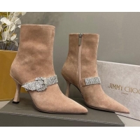 Best Grade Jimmy Choo Cora Suede Heel Ankle Boots 8.5cm with Crystal Buckle Camel 090927