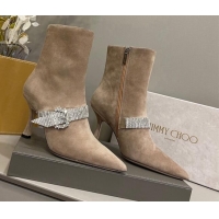 Pretty Style Jimmy Choo Cora Suede Heel Ankle Boots 8.5cm with Crystal Buckle Taupe Grey 090929