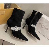 Best Price Jimmy Choo Cora Suede Heel Ankle Boots 8.5cm with Crystal Buckle Black 2090930