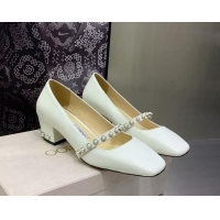 Stylish Jimmy Choo Nappa Leather Pumps 4.5cm with Pearls White 090935