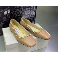 Stylish Jimmy Choo Nappa Leather Ballerinas with Pearls Beige 090939