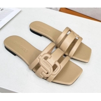 Good Quality Jimmy Choo Laran Nappa Leather Flat Slide Sandals with JC Monogram Beige 090941