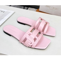 Pretty Style Jimmy Choo Laran Nappa Leather Flat Slide Sandals with JC Monogram Light Pink 090942