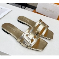 Best Grade Jimmy Choo Laran Nappa Leather Flat Slide Sandals with JC Monogram Gold 090945