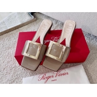 Grade Quality Roger Vivier Love Metal Buckle Slide Sandals 4.5cm in Patent Leather Grey 082698