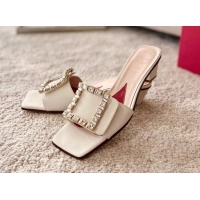 Low Cost Roger Vivier Love Crystal Buckle Slide Sandals 4.5cm in Calf Leather White 082701