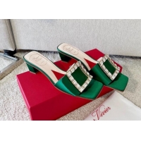 Best Grade Roger Vivier Love Crystal Buckle Slide Sandals 4.5cm in Green Silk 2082703