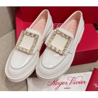 Good Product Roger Vivier Viv' Rangers Crystal Buckle Loafers in Patent Leather White 082708