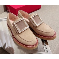 Discount Roger Vivier Viv' Rangers Crystal Buckle Loafers in Beige Suede 082713