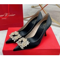 Unique Style Roger Vivier RV Bouquet Crystal Pearl Buckle Pumps in Silk 8.5cm Black 2101141