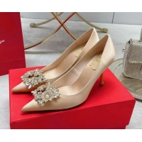 1:1 aaaaa Roger Vivier RV Bouquet Crystal Pearl Buckle Pumps in Silk 8.5cm Nude 101148