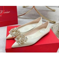 Sumptuous Roger Vivier RV Bouquet Crystal Pearl Buckle Ballerinas in Silk White 2101143