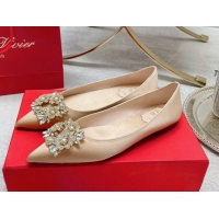 Good Quality Roger Vivier RV Bouquet Crystal Pearl Buckle Ballerinas in Silk Nude 2101146