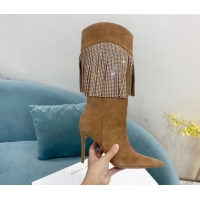 Top Design Amina Muaddi Suede High Boots 9.5cm with Crystal Tassel Brown 1013102