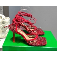 Top Grade Bottega Veneta Sparkle Stretch Crystal Mesh Sandals 9cm Red 062114