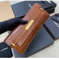 Buy Classic SAINT LAURENT MANHATTAN CLUTCH IN CROCODILE-EMBOSSED LEATHER 695949 DARK CARAMEL