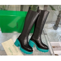 Pretty Style Bottega Veneta Flash Calf Leather High Chelsea Boots 9.5cm Black/Water Blue 081209