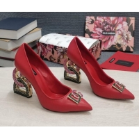 Unique Style Dolce & Gabbana Calf Leather Pumps with Crystal DG-Heel 10.5cm Red 081278